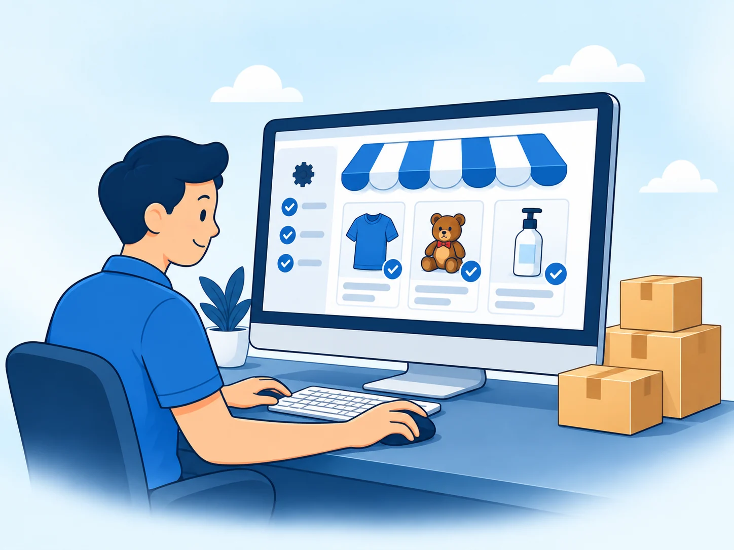 Illustrated fulfillment team preparing and organizing ecommerce products