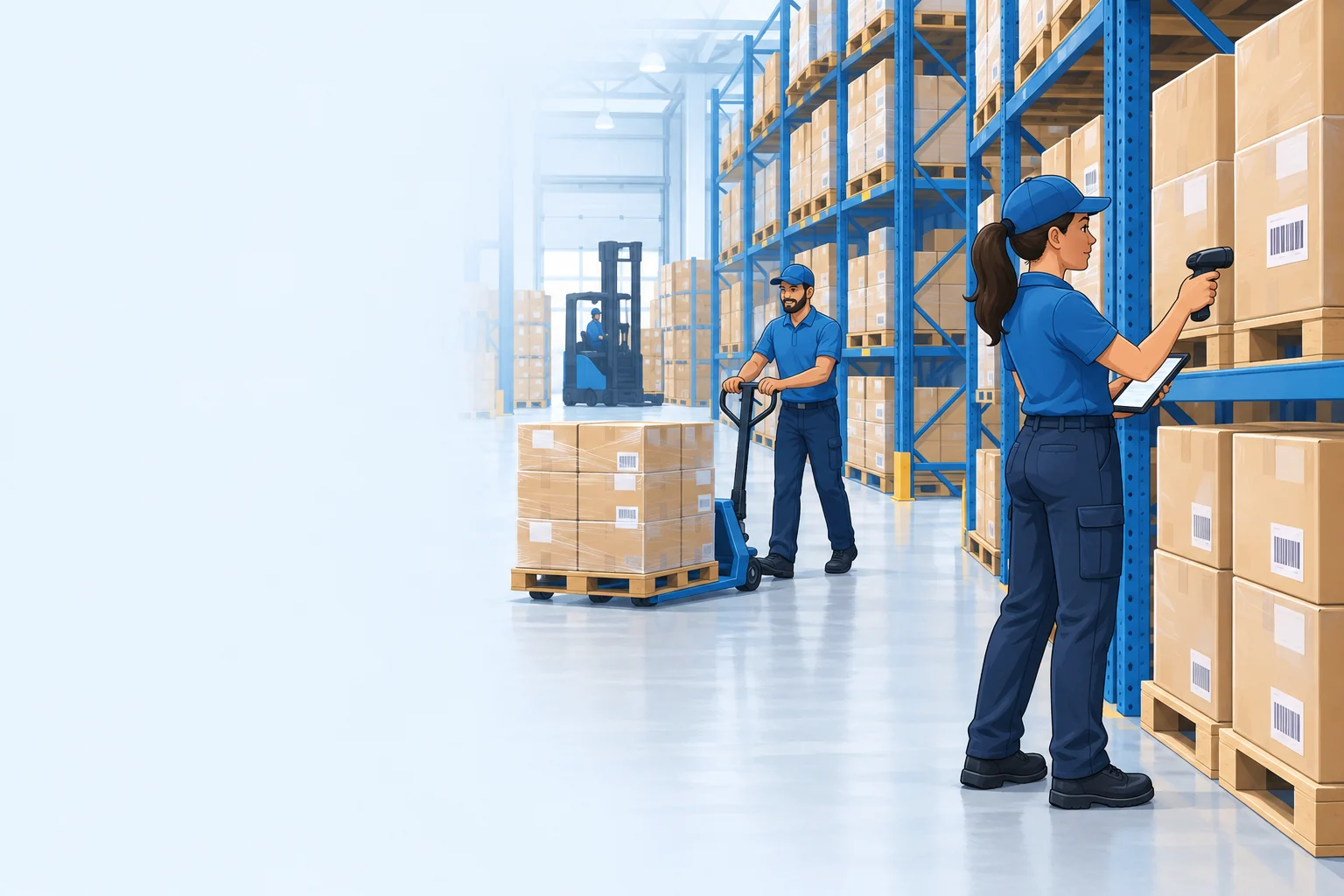 Illustrated warehouse specialist scanning organized inventory