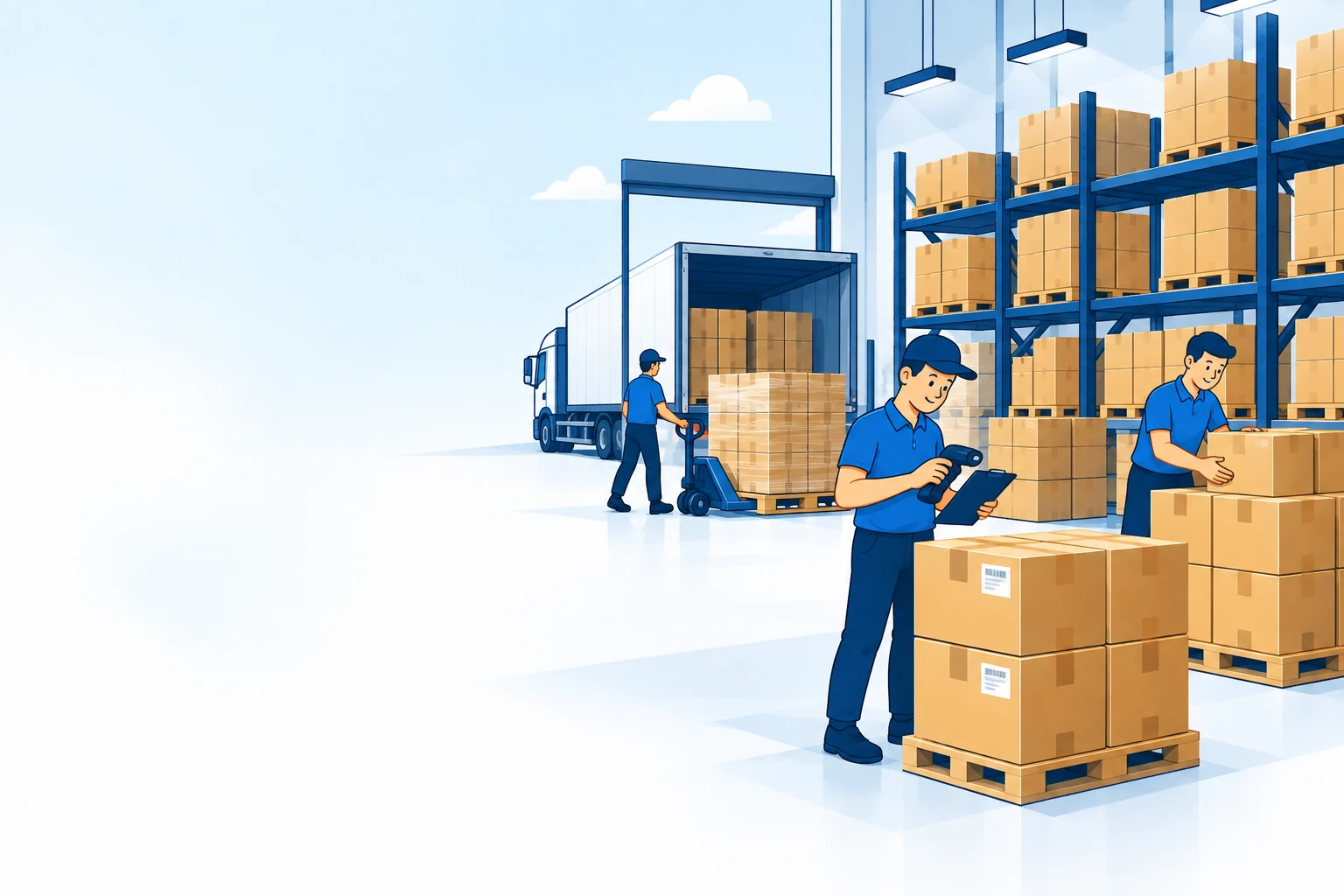 Illustrated fulfillment team preparing a pallet for a wholesale shipment
